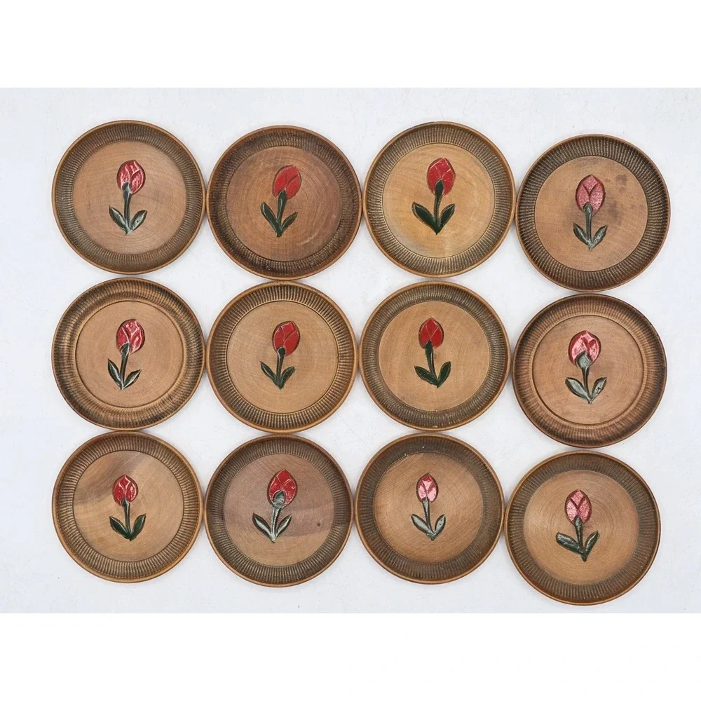 Vtg 12 Coaster Set with Holder Occupied Japan‎ Wood With Carved Flower Bud